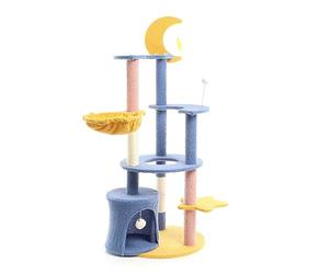 Fudajo Blue and Yellow 132 cm High Moon and Stars Cat Tree with 4mm Thick Sisal Posts for Claw Care, Comes Equipped with Hanging Toys to Keep Your Cat Occupied, Cosy Cat Cave, Vantage Points
