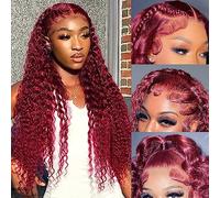 Fuduete 99J Deep Wave 13 x 6 HD Transparent Front Lace Glueless Real Hair Wigs for Black Women 180 Density Burgundy Deep Curly Lace Front Wig Pre-torn Co