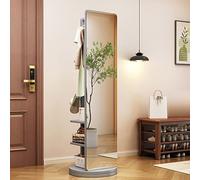 FUDUO-SHUNYI Rotatable Full Body Mirror, 360° Rotating Wood Full Length Mirror with Coat Rack, 2-in-1 Standing Mirrors with Clothes Rack, for Living Room Bedroom Cloakroom, 65.7 * 15.7 inches