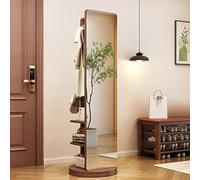 FUDUO-SHUNYI Rotatable Full Body Mirror, 360° Rotating Wood Full Length Mirror with Coat Rack, 2-in-1 Standing Mirrors with Clothes Rack, for Living Room Bedroom Cloakroom, 65.7 * 15.7 inches