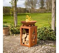 Fuego Fire Pit Bowl & Log Store - Weatherproof Outdoor Garden Wood Burner With Rust-Effect Finish & Cut-Out Design - H63 X 44Cm