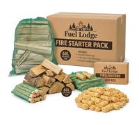 Fuel Lodge Fire Starter Pack - 60L Kiln Dried Logs, 3.5kg Kindling Net & 100pc Firelighters - Ready to Burn Firewood for Log Burners & Fire Pit (60L Logs, 3-3.5kg Kindlings, 100 Pcs Firelighters)