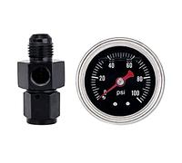 Fuel Pressure Gauge with 6AN Fuel Pressure Take Off Fitting, 0-100Psi, 1-1/2" Black Dial, 1/8" NPT Center Back Mount, Glycerin Filled, An6 Adapter