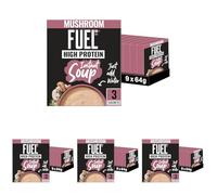 FUEL10K High Protein Mushroom Instant Cup Soup, 3 Sachets Per 64g Box, (Total 9 Boxes : 27 Sachets) (Pack of 4)