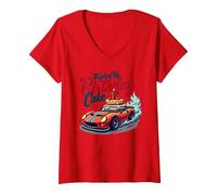 Fueled by Birthday Cake Pit Crew Family Racing Party V-Neck T-Shirt, Women, Red, L