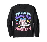 Fueled By Boba Tea And Anxiety Skeleton Humor Long Sleeve T-Shirt