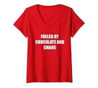 Fueled by Chocolate and Chaos V-Neck T-Shirt, Women, Red, XXL