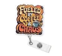 Fueled By Coffee And Chaos Badge Reel 1.8 Inches Funny Quote Humor Sarcastic Caffeine Motivational Retractable with Alligator Clip Badge Holder Acrylic for Nurse Teacher Office Student Christmas Gifts