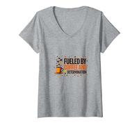 Fueled by Coffee and Determination V-Neck T-Shirt, Women, Heather Grey, L
