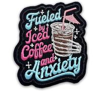 Fueled by Iced Coffee and Anxiety Patch 3 Inches Funny Skeleton Hand Mental Health Hook and Loop Embroidered Patches for Backpack Dog Harness, Military Style Tactical Gifts