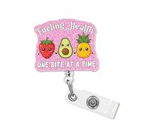 Fueling Health One Bite at A Time Funny Badge Reel with Pink Glitter, Cute Fruit Retractable ID Clip Holder Gift for Nurse, Registered Dietitians, Nursing Student, ICU Med Surg, Worker