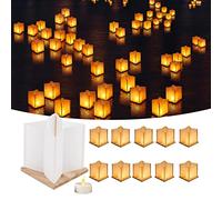 FUELYE 20 Pack 6" Star Shaped Floating Lanterns with Waterproof Wooden Base Sets, Paper Water Lanterns Decoration with LED Tealight Candle (20Sets Lanterns+Flameless LED Candles)
