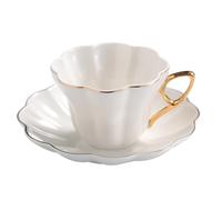FUENYEJIA 180ML Coffee Cup and Saucer Set, English Style, Ceramic, Bone China with Gold Painting, Pure White Milk Cup with Floral Design