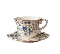 FUENYEJIA 200ML English Porcelain Ceramic Coffee Cup, European-Style Patterned Tea Cup and Saucer Set, Retro Luxury Gold-Trimmed Afternoon Tea Cup (Blue Rose)