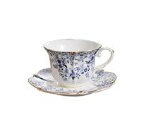 FUENYEJIA 200ML English Porcelain Ceramic Coffee Cup, European-Style Patterned Tea Cup and Saucer Set, Retro Luxury Gold-Trimmed Afternoon Tea Cup (Blue and White)