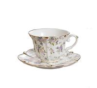 FUENYEJIA 200ML English Porcelain Ceramic Coffee Cup, European-Style Patterned Tea Cup and Saucer Set, Retro Luxury Gold-Trimmed Afternoon Tea Cup (Floral)