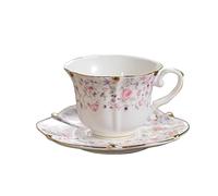 FUENYEJIA 200ML English Porcelain Ceramic Coffee Cup, European-Style Patterned Tea Cup and Saucer Set, Retro Luxury Gold-Trimmed Afternoon Tea Cup (Pink Roses)