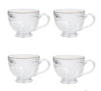FUENYEJIA Vintage Glass Coffee Mug,13.5 OZ Embossed Tea Cup Vintage Glassware for Breakfast, Ideal for Milk, Coffee, Cappuccino, Latte, Cereal, Yogurt (4)