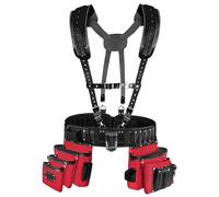 FUERI Heavy Duty 26 Pocket Tool Belt with Suspender | Grain Black Leather & Red Nylon Carpenter Tool Belt With 2 Large Pouches, Hammer Holder, Suspender Loops & Padded Belt, Ideal for Electricians