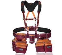 FUERI Leather Tool Belts with Suspender for Men, Heavy-Duty Durable Carpenter Tool Rig Organizer With 19 Pockets-2 Pouches, Padded Suspender, Hammer Holder, D-Loops & Foam-Padded Belt Electricians