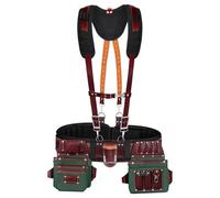 FUERI Nylon Leather Tool Belt Suspender for Men Heavy Duty 26 Pocket Tools Bags Pouches Holder Organizer for Carpenter Construction (Maroon & Green Tool Belt Suspender, Large 36" - 42")