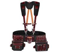FUERI Tool Belt With Suspender Men Carpenter Pouches Construction Bags Electrician Belts Framer Worker Pouch Bag Holder Organizer 26 Pocket Nylon Leather Maroon Professional Set - Medium