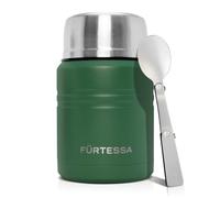 FÜRTESSA 0.5L Stainless Steel Food Flask with Folding Spoon and Built-in Cup - Thermal Insulation for 14h Cold/9h Heat - No Leaks, Portable, Ideal for Lunches and Travel (Green)
