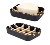 Fufengz Bamboo Wooden Soap Dishes for Shower with Drainage for Bathroom Bar Soap Holder Soap Holder Sink Deck Bathtub Shower Tray (One Pieces Black)