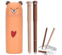 fufupaw 3 x pencil case bear, pencil case with 2 pens, soft silicone case, ideal for school and learning, gift idea, 1 blue and 1 black