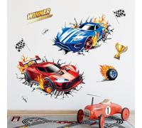 FUFUQUARE 3D Racing Car Wall Decals Red Blue Break Through Wall Stickers