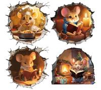 FUFUQUARE 4 Pieces Mouse Reading Book Wall Decals 3D Mouse Hole Wall Art Stickers PVC Peel and Stick for Reading Room Bedroom Nursery Classroom Skirting Board Decor