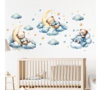 FUFUQUARE Blue Bear Sleeping on The Moon Wall Stickers Cartoon Clouds and Star Wall Art Decals Peel and Stick for Baby Kids Bedroom Playroom