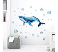 FUFUQUARE Blue Whale Wall Stickers Watercolor Under The Sea Bubble Wall Decal PVC Adhesive Removable for Nursery Bathroom Bedroom Living Room