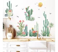 FUFUQUARE Boho Cactus Wall Stickers Green Tropical Cacti Flowers Sunset Birds Vinyl Self Adhesive Wall Decals for Living Room Skirting Board Bedroom Nursery
