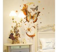 FUFUQUARE Butterflies Wall Stickers Gold Moon Star Removable Vinyl Wall Art Decals for Girls Nursery Bedroom Living Room