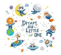 FUFUQUARE Cartoon Animals Astronaut Wall Stickers Dream Big Little One Quote Wall Decals Space Theme Peel and Stick for Kids Nursery Bedroom Classroom