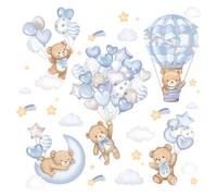 FUFUQUARE Cartoon Bear Wall Stickers Watercolor Light Blue Hot Air Balloon Moon Wall Decals Self-Adhesive for Kids Boys Nursery Living Room Bedroom