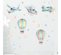 FUFUQUARE Cartoon Hot Air Balloon Wall Stickers, Green Airplane Clouds Stars Wall Decals Peel and Stick for Kids Baby Bedroom Living Room Home Décor