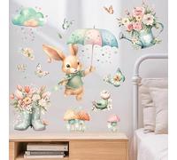 FUFUQUARE Cartoon Rabbit Wall Stickers Floral Butterflies Mushroom PVC Removable Wall Art Decals for Nursery Bedroom Living Room Home Décor