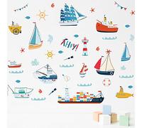 FUFUQUARE Cartoon Sailing Boat Wall Stickers, Lighthouse Sailboat Peel and Stick Wall Decals for Kids Baby Bedroom Bathroom Living Room