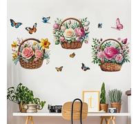 FUFUQUARE Flower Basket Wall Decals 3D Pink Floral Bouquet Butterfly Removable Wall Decals for Living Room Bedroom Door Furniture