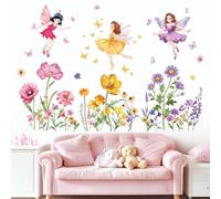 FUFUQUARE Flower Fairy Wall Stickers Red Yellow Purple Floral Butterfly Elves Wall Art Decals Decorative Peel and Stick Nursery Bedroom Living Room
