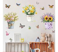 FUFUQUARE Flower Pot Wall Stickers Colorful Butterfly Floral Potted Wall Decals Watercolor Bonsai Bouquet Decoration for Living Room Kitchen Bedroom Porch Background