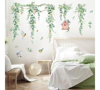 FUFUQUARE Green Hanging Vine Wall Sticker Leaves Floral Birds Wall Art Decal Removable Peel and Stick for Living Room Bedroom Sofa TV Background