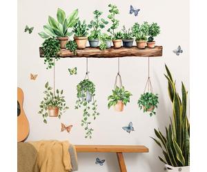 FUFUQUARE Green Potted Plants Wall Stickers Hanging Planter Greenery Wooden Shelf Butterflies Decals for Office Nursery Living Room Bedroom Decor