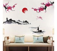 FUFUQUARE Japanese Style Red Plum Blossom Flower Wall Stickers | Landscape Fisherman Wall Art Decals for Bedroom Living Room Office TV Background