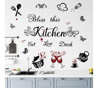 FUFUQUARE Kitchen Wall Stickers Black Bless This Kitchen Wall Decals Butterfly Eat Love Drink Quote Utensil Art Decorations for Home Dining Room Coffee Shop Restaurant