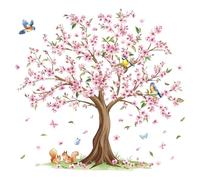 FUFUQUARE Pink Blossoming Cherry Tree Wall Stickers Elegant Flower Birds Wall Decals PVC Removable Peel and Stick for Baby Nursery Living Room Bedroom TV Sofa Background