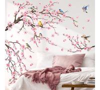 FUFUQUARE Pink Cherry Blossom Tree Wall Stickers Spring Birds on Flower Branch Wall Art Decal Peel and Stick for Living Room Bedroom Nursery Decor