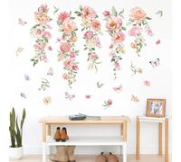 FUFUQUARE Pink Hanging Flower Wall Sticker Elegant Peony Floral Butterfly Wall Art Decal Removable Peel and Stick for Living Room Bedroom Sofa TV Background